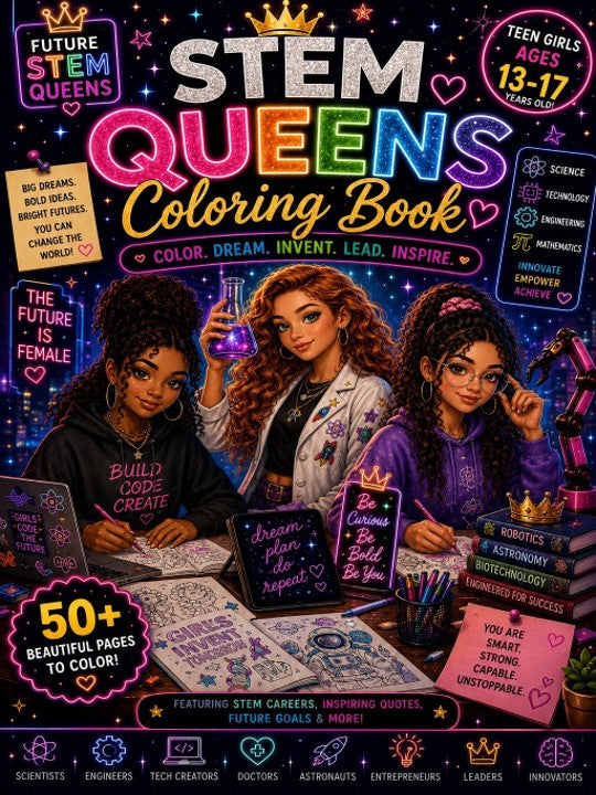 STEM Queens Coloring Book for teen girls ages 13-17 featuring STEM careers and inspiring quotes